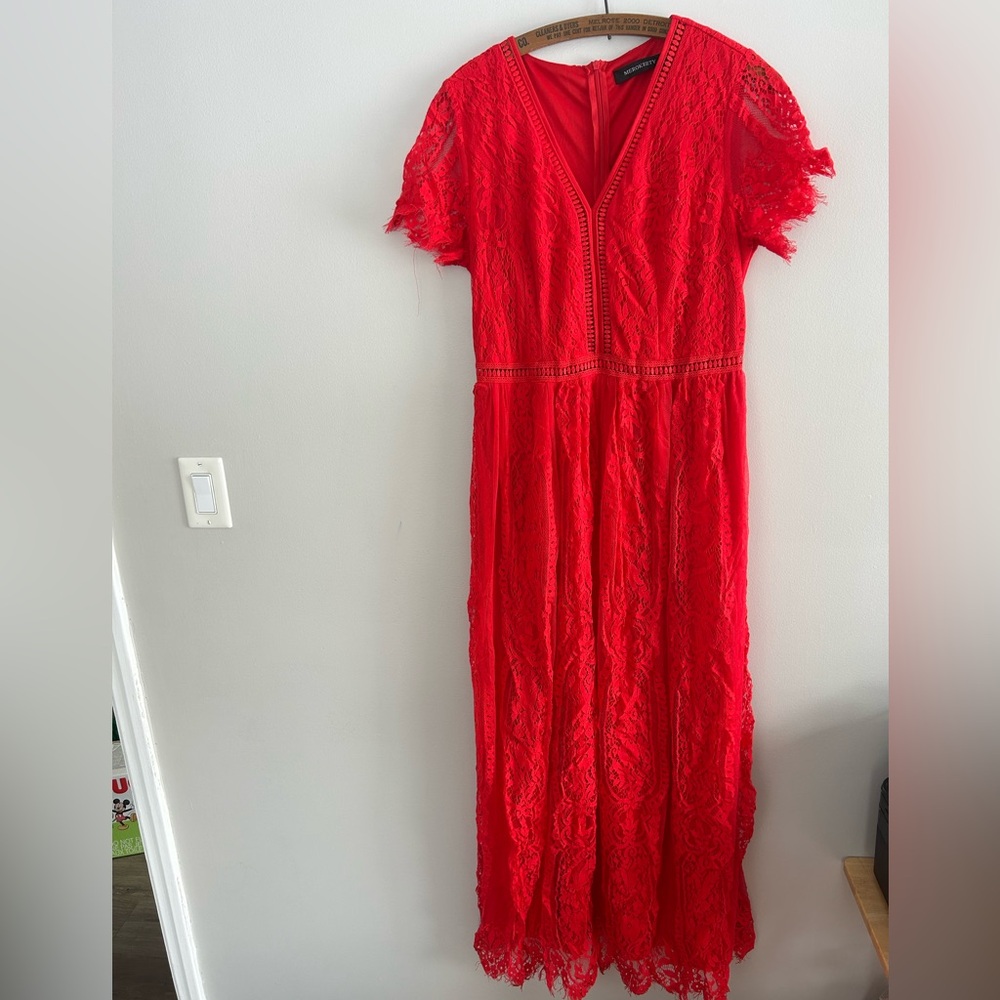 Merokeety large Red Lace short sleeve vneck midi Dress